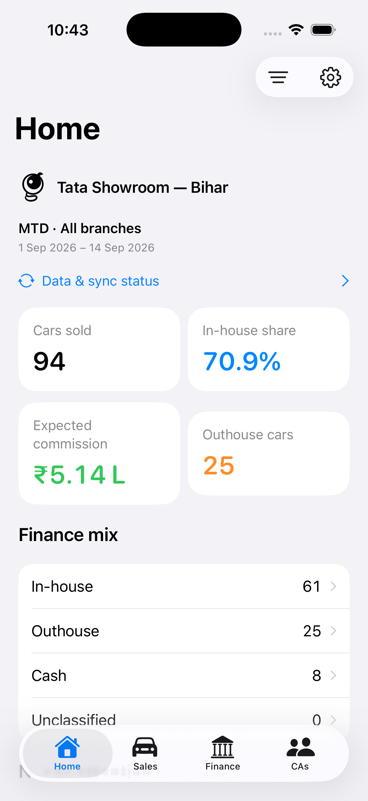 DealerPulse home overview showing dealership performance on mobile